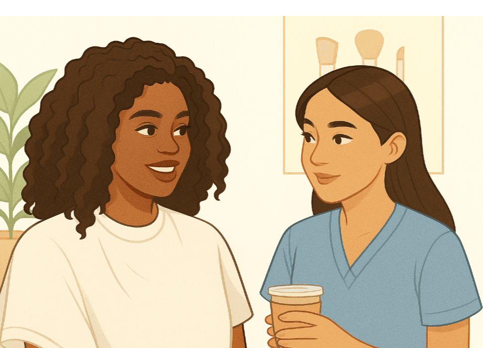 An illustration of an esthetician consulting with a client, reinforcing the program's focus on professional skills.